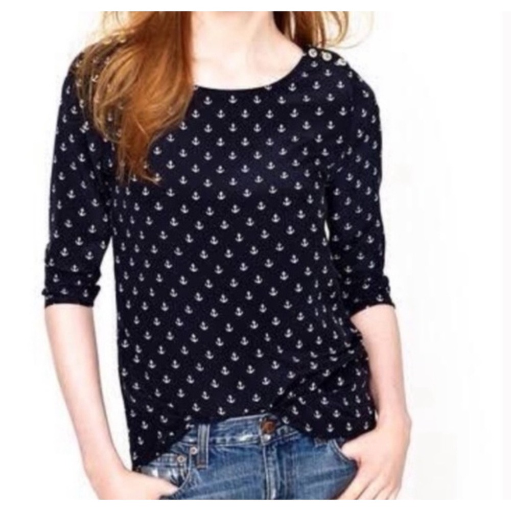 J.Crew Navy Ancor Print 100% Silk 3/4 Sleeve Lightweight Cottagecore Blouse sz00
